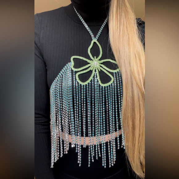 Blue & Green Rhinestone Flower Halter Top - Picture 6 of 9